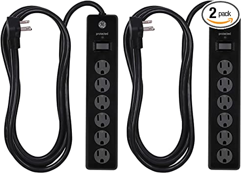 GE 6 Outlet Surge Protector 2 Pack, 10 Ft Extension Cord, Power Strip, 600 Joules, Twist-to-Close Safety Covers, Black, 54646