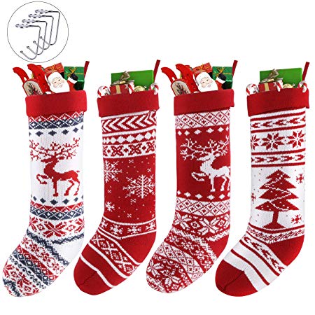 Christmas Stockings 4 Pack with 4 Stocking Holders Hooks 18.5 Inch Knit Knitted Xmas Stocking Snowflakes Reindeer Decorations for Family Holiday