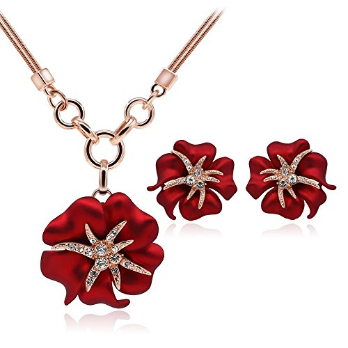 Kemstone Attractive Rhinestones Rose Pendant Necklace Stud Earrings Jewelry Set for Women,15" 1.77"
