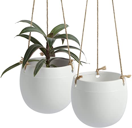 Ceramic Hanging Planters Plant Pots - POTEY 056801 5.3 Inch Indoor Hanging Pots Round Plant Holder Home Decor with Jute Rope for Succulents Herbs Ivy Ferns Crawling Plants Small Plants(Set of 2)