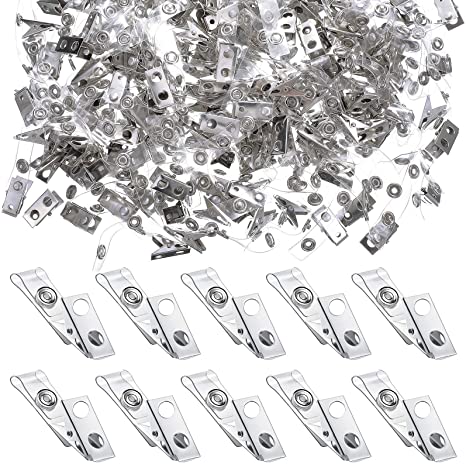 Metal Badge Clips Double Hole Metal Badge Clips with Clear PVC Straps for ID Cards, Badge Holders, Name Tags, Work Badges (200 Pieces)