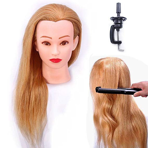 HAIREALM Training Heads Hairdressing 100% Real Human Hair Blonde Mannequin Styling Dolls Head (Table Clamp Holder Included) EHA2718P