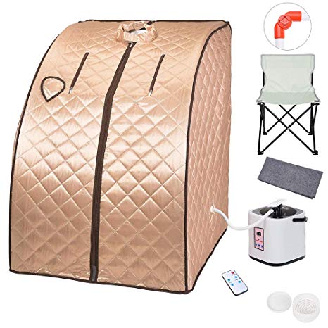 ZeHuoGe Portable Steam Sauna Kit SPA Detox 9-Level Temperature Adjustment 6-Level Time Setting 2L Steamer Digital Display Remote 220LBS Capacity of Chair US Delivery (Champagne Gold)