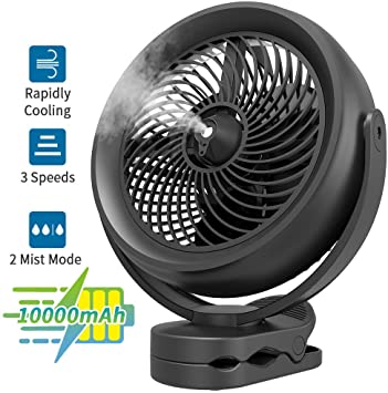 10000mAh Battery Operated Cooling Misting Fan Clip on Fan, 8-Inch Rechargeable Desk Fan, 3 Speeds, 2 Modes Mist Output with 200ml Water Tank, Sturdy Clamp for Outdoor Home Office Travel