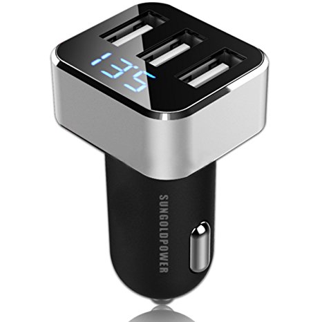 SUNGOLDPOWER 12V/24V Car Charger DC 5V 6.1A 3 USB Port With Voltage Current Power Cigarette Lighter Adapter Digital Display Rapid Compatible With iPhone, iPods, iPad, Samsung Galaxy Note, Most Android/Windows Smart Cell Phones, GPS, Tablets, And Other USB-charged Devices (Silver With Three USB)