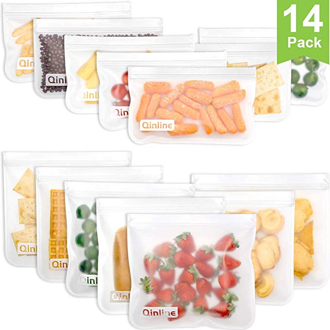 Reusable Storage Bags 14 Pack Leak Proof Freezer Bags(7 Reusable Sandwich Bags   7 Reusable Snack Bags) Easy Seal Ziplock Lunch Bag for Kid Food Storage Home Organization Traval & Make Up BPA FREE