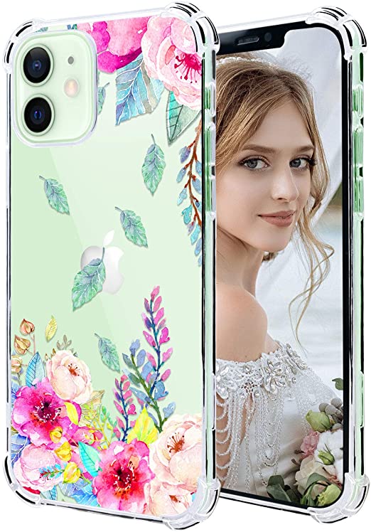 Hepix Compatible with iPhone 12 Mini Case Floral Clear iPhone Case Blossom Flowers Pattern for Women Girl, Raised Lip for Screen Camera Protection Soft Flexible TPU Bumper for iPhone 12 Mini 5.4’’