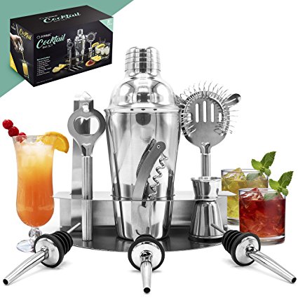 Sorbus Cocktail Shaker and Mixing Set - Deluxe 10 Piece Bar Tool Set: Bottle Opener, Cork Screw, Ice Tong, Measuring Jigger, Strainer, Liquor Pourers, on Display Stand