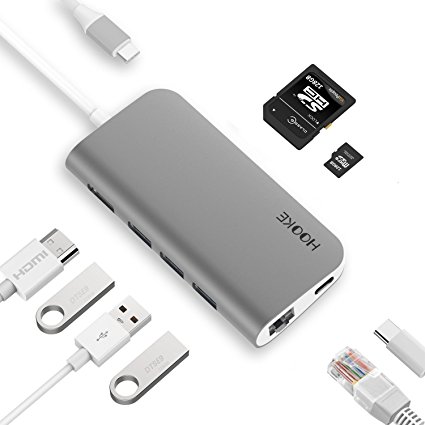 tesha USB-C Hub with HDMI, 3 USB 3.0 Ports, Type-C Power Delivery Throughput Port, Gigabit Ethernet Adapter, SD/Micro Card Reader for MacBook Pro, ChromeBook, Dell XPS 13 and More (Space Gray)