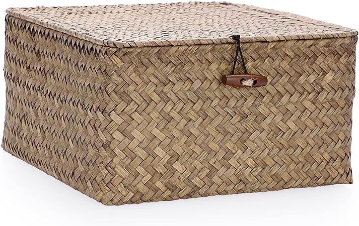 Hipiwe Wicker Shelf Baskets Bin with Lid Handwoven Seagrass Storage Basket Container Square Multipurpose Household Basket Boxes for Shelves and Home Organizer, Coffee Medium