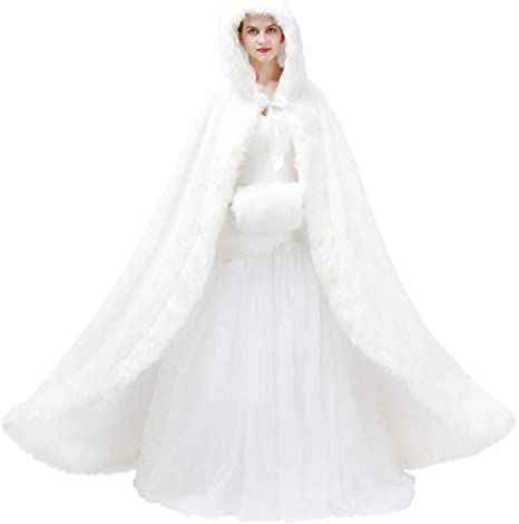 Noriviiq Faux Fur Wedding Cape Hooded Cloak for Bride Winter Full Length Reversible with Free Hand Muff Ivory 6140-IV