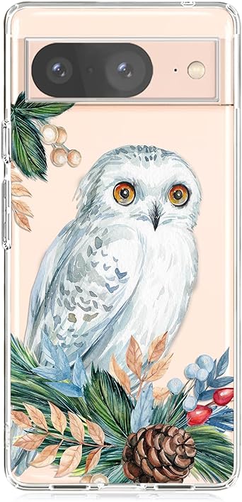 Blingy's for Google Pixel 8 Case, Cute Floral Owl Style Fun Animal Pattern Bird Design Transparent Soft TPU Protective Clear Case Compatible for Google Pixel 8 6.2-inch (White Owl)