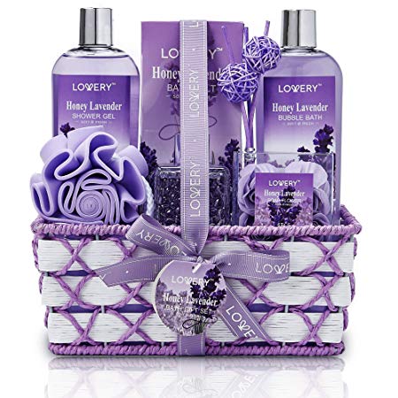 Christmas Gifts - Bath and Body Gift Basket For Women and Men – Honey Lavender Home Spa Set with Essential Oil Diffuser, Soap Flowers and More - 13 Piece Set