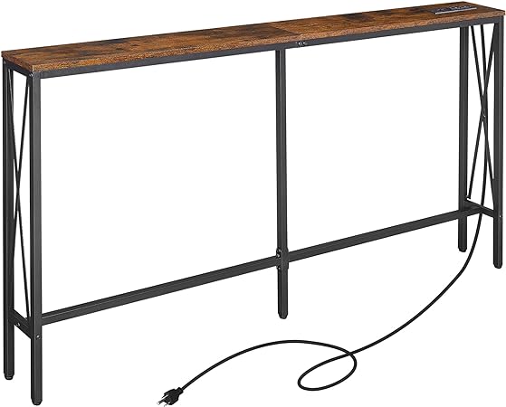 ELYKEN 5.9" Narrow Console Sofa Table with Power Outlets, 5.9" Dx63 Wx31.5 H Long Skinny Behind Couch Table with “X” Cross Metal Frame Charge Station with 6.5’ Extension Cord, Rustic Brown