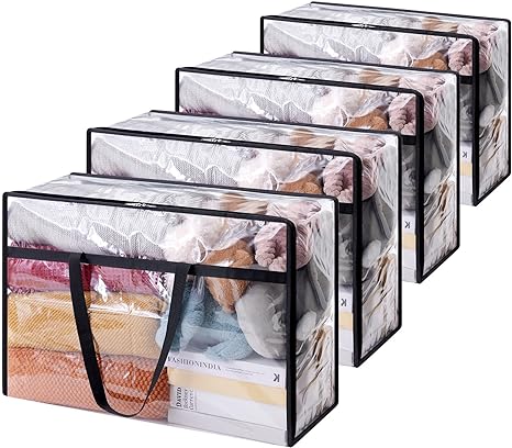 Lifewit Lot de 4 Sac de Rangement Transparent 60L, Sac Rangement Vetement en PVC, Housse de Couette Pliable avec Poignées, Boite Rangement pour Demenagement, Vêtements, Couvertures, Jouets, Livres