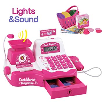 Liberty Imports Pretend Play Electronic Cash Register Toy | Microphone, Scanner, Weight Scale, Calculator, Play Food and Shopping Playset | Realistic Actions and Sounds (Pink)