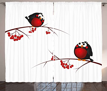 Ambesonne Rowan Curtains, Kids Themed Cartoon Style Birds on Branches Funny Happy Christmas Design, Living Room Bedroom Window Drapes 2 Panel Set, 108" X 63", Vermilion Black