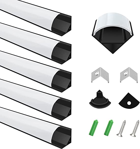 inShareplus LED Aluminum Channel System, 3.3ft/1 Meter, 6 Pack, Black, V Shape with Milk White Cover, End Caps and Mounting Clips, Aluminum Profile for LED Strip Light Installation