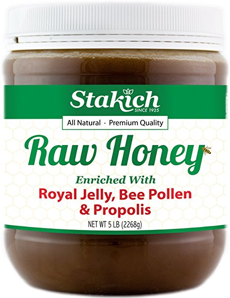 Stakich ROYAL JELLY BEE POLLEN PROPOLIS Enriched RAW HONEY - 100% Pure, Unprocessed, Unheated - 5 lb (80 oz)