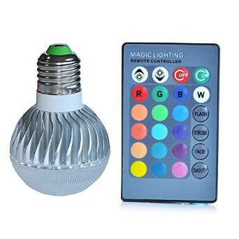 E27 Standard Screw Base RGB Multicolored LED Light 16 Colors  24Key Remote Control Changing Dimmable Energy Saving Lamp Bulb with IR Remote Control Mood Ambiance Lighting (15 Watts)