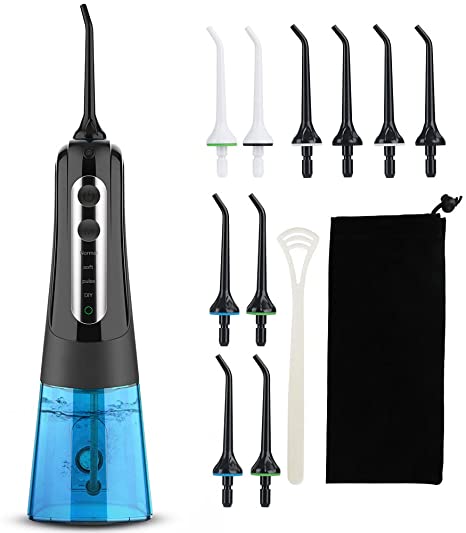 Upgraded Cordless Water Flosser for Teeth, Portable Oral Irrigator IPX7 Waterproof 300ML DIY & 3 Modes 4 Jet Tips and Tongue Cleaner Help Deep Clean Oral, USB Rechargeable for Home Travel