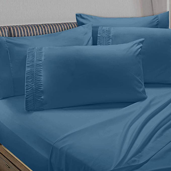 Clara Clark 6-Piece 100% Soft Brushed Microfiber Bedding Set Luxury Pleated Pillowcases, Cool & Breathable, 6 PC Sheets, Queen, Blue Heaven