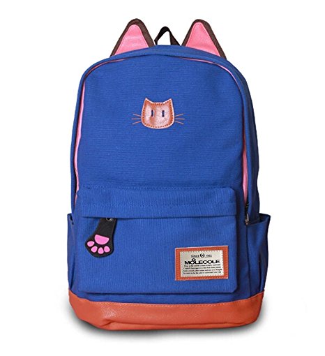 Moolecole Leather & Canvas Backpack School Bag with Cat's Ears Design