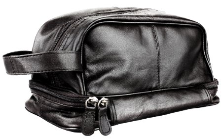 Genuine Leather Dopp Kit Shaving Toiletry Travel Bag for Men Onyx Black