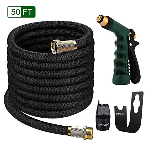 Crenova Garden Hose,50 Feet Upgraded Expandable Water Pipe with Double Latex Core,3/4 inch Solid Brass Connectors,Easy Dry Storage Bag and Durable Holder,High Pressure Spray Nozzle