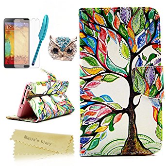 Note 3 Case,Galaxy Note 3 Case - Mavis's Diary Special Painted Series Colorful Retro Tree Pattern PU Leather Wallet Type with Magnetic Clasp Credit Card Holder Design Folio Cover Durable Stand Case for Samsung Galaxy Note 3 N9000 N9005 N9006 with Soft Clean Cloth(One Tree Case&One Bling Cute Blue Owl Dust Plug&One Blue Feather Stylus Pen&One HD Screen Protector)