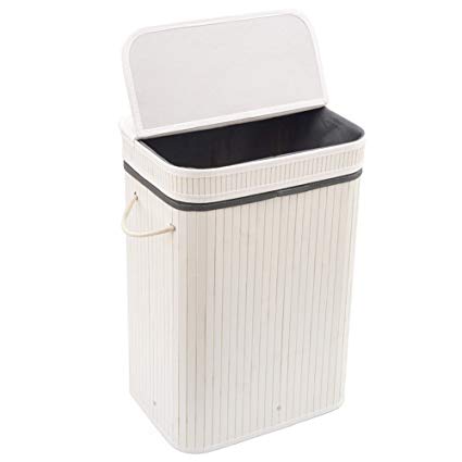 EZOWare Folding Bamboo Hamper, Collapsible Bamboo Laundry Hamper Clothes Basket Bin with Lid Handles and Cloth Liner - White