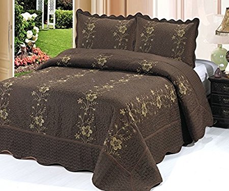 Homemusthaves-3 Piece Quilted Bedspread Brown Quilt Sham Floral New (Cal King)