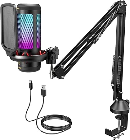Gaming USB Microphone Set for PC, TONOR RGB Condenser Mic with Boom Arm Quick Mute, RGB Lighting, Pop Filter, Shock Mount, Gain Control for Streaming Podcasting Recording Discord Twitch YouTube TC310