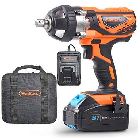 VonHaus Cordless Impact Wrench with 3.0Ah Li-ion 20V MAX Battery, Charger & Power Tool Bag - Includes Direction Control & Variable Speed Trigger (½" Square Drive, 240Nm Torque)