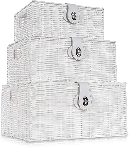 LIVIVO Set of 3 Resin Woven Wicker Hamper Basket Storage Box with Lid and Lock (Set of 3 White)