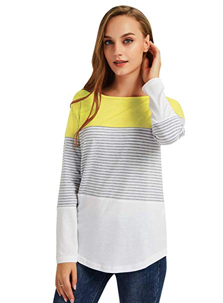 Women Tops Long Sleeve t Shirt Round Neck Striped Shirt Casual Tops Tees（S-2XL）