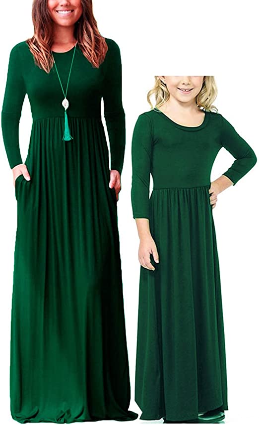 Qin.Orianna Mommy and Me Short Sleeve Loose Plain Family Matching Maxi Dresses with Pockets for Mother's Day