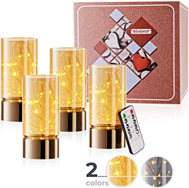 REMIHOF LED Flameless Candles 4-Pack with Remote Control. Realistic Dancing Flames in Premium Glass (D: 2.76"X H: 5.9"). Timer Control, Battery Powered (Batteries are NOT Included into Set!!!), Gold