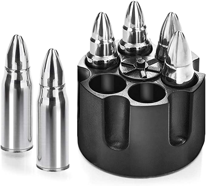 Alilimall Stainless Steel Whiskey Stones Gift Set of 6, Bullet Shaped Metal Chilling Reusable Ice Cubes Whisky Chilling Rocks Beer Wine Stainless Steel Ice Cubes Barware Gift for Men Husband