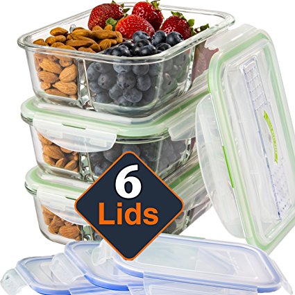Glass Meal Prep Containers 3 Compartment [3PC SET With 6x No-Spill Lids, BPA FREE] Lunch Packing Containers/Food Storage Containers Microwave, Dishwasher AND OVEN SAFE.Bento Box Lunch Glass Container.