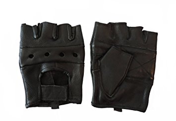 Open Knuckle Fingerless Black Leather Motorcycle Gloves Medium