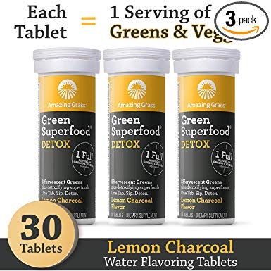 Amazing Grass Effervescent Tablets, Green Superfood Detox Water Flavoring Tablet, Antioxidant Supplement for Full Body Recovery with One Serving of Greens, Lemon Charcoal Flavor, 30 Count