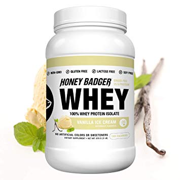 Honey Badger - Natural Keto 100% Whey Protein Isolate - Hydrolyzed, BCAA, Amino Acids, Digestive Enzymes, Grass-Fed Protein Supplement - Paleo, Sucralose Free, Gluten Free - Vanilla Ice Cream, 2 Lbs