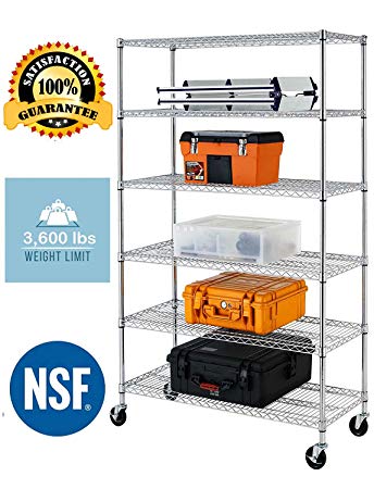 6 Tier Wire Shelving Unit Wire Shelves, NSF Heavy Duty Commercial Adjustable Wire Shelf With Casters and Feet Levelers for Garage Warehouse Office Kitchen metal shelves 3600 LBS Capacity - 48x18x76