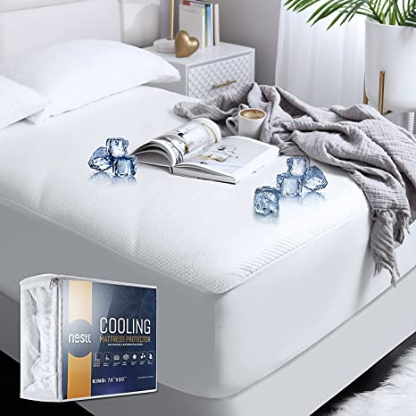 Nestl Cooling Mattress Protector, King Waterproof Mattress Protector, Premium Tencel Blend 5-Sided Fitted Mattress Cover, Extra deep Pocket with Elastic All Around.