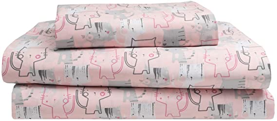 4-Piece Kitten Cat Lover Hearts Kids Queen Microfiber Bed Sheet Set Bedding, Blush Pink Grey