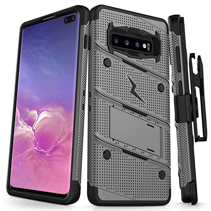 Zizo Bolt Series Compatible with Galaxy S10 Plus Case Military Grade Drop Tested with Built in Kickstand Holster Metal Gray Black