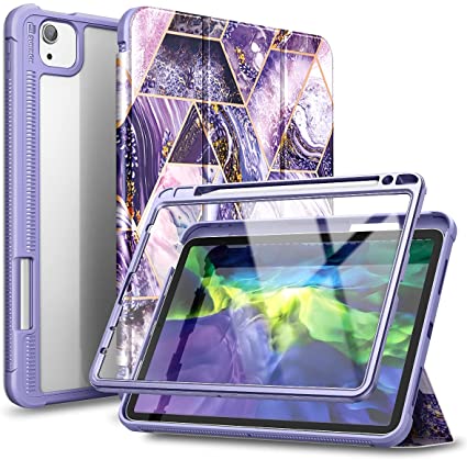 SURITCH Clear Case for iPad Air 4 10.9 inch 2020 & iPad Pro 11 2020 2018(NOT for 2021), [Built in Screen Protector] [Pencil Holder] Full Body Protective Smart Cover with Transparent Back-Purple Marble
