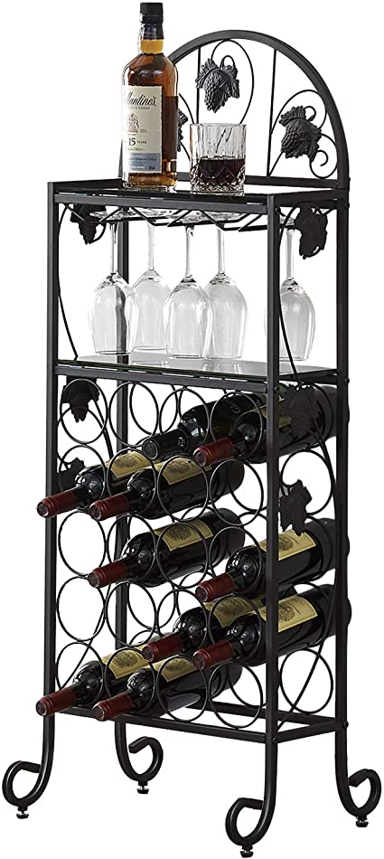 VECELO 20 Metal Wine Rack Table, Freestanding Floor Bottles Bar Storage & Display Holder, with Marble Finish, Black Glass Top