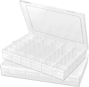 2 Pack Plastic Organizer Container Box, 36 Grids Clear Plastic Parts Organizer Box, for Beads, Art DIY, Crafts, Jewelry, Fishing Tackle with Label Stickers